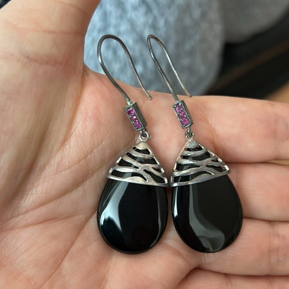 Vintage David Sigal 925 Sterling Onyx Ruby Earrings - Picture 10 of 14